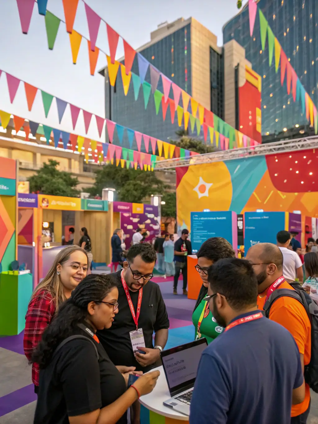 A vibrant image of a networking session at the HR Tech Summit, showcasing attendees engaging in conversations and exchanging ideas.